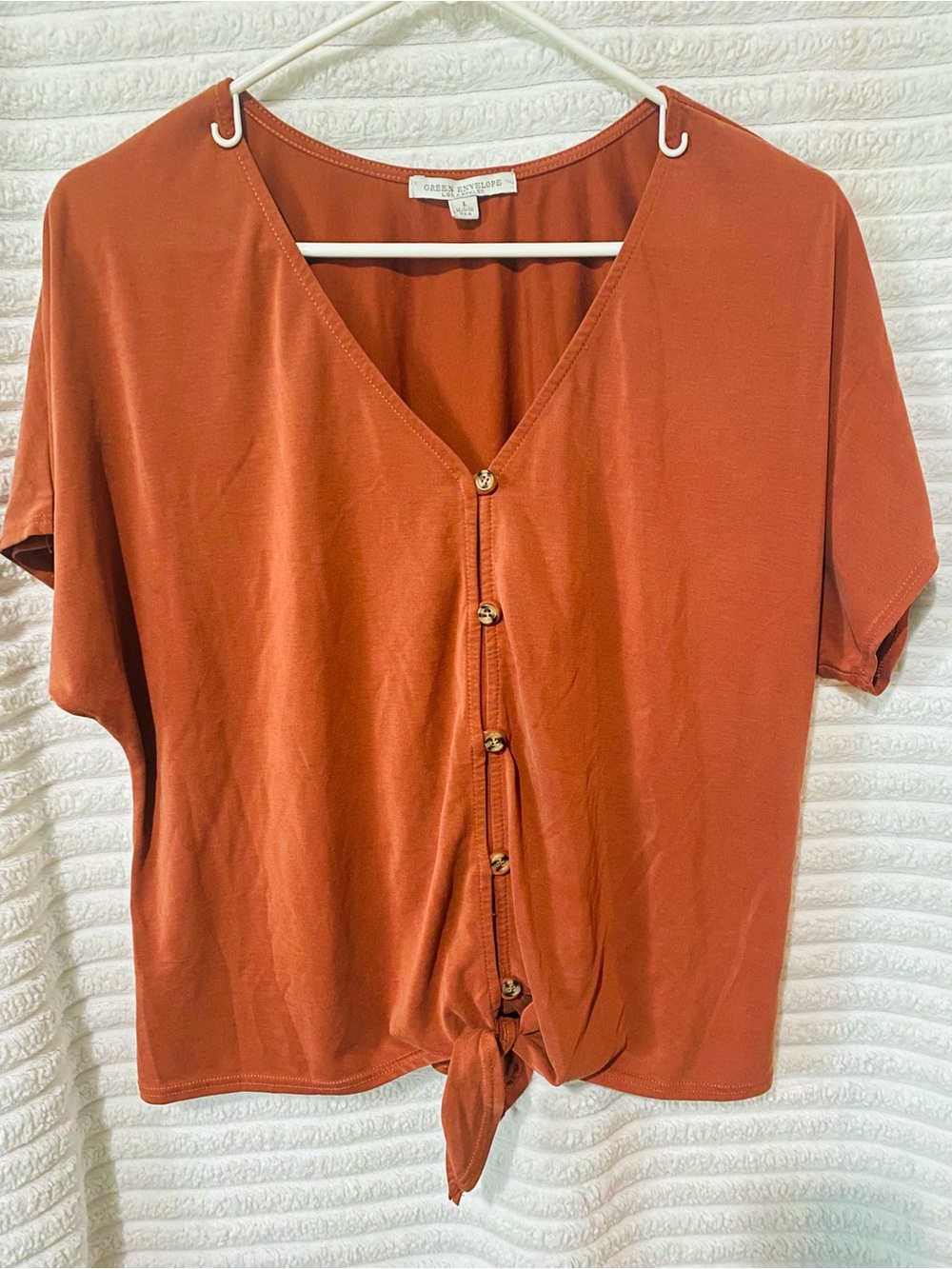 Green Envelope Rust Button-Front Tie-Hem Top